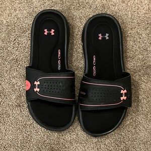 Under Armour Black Slide Sandals with Pink Accents
